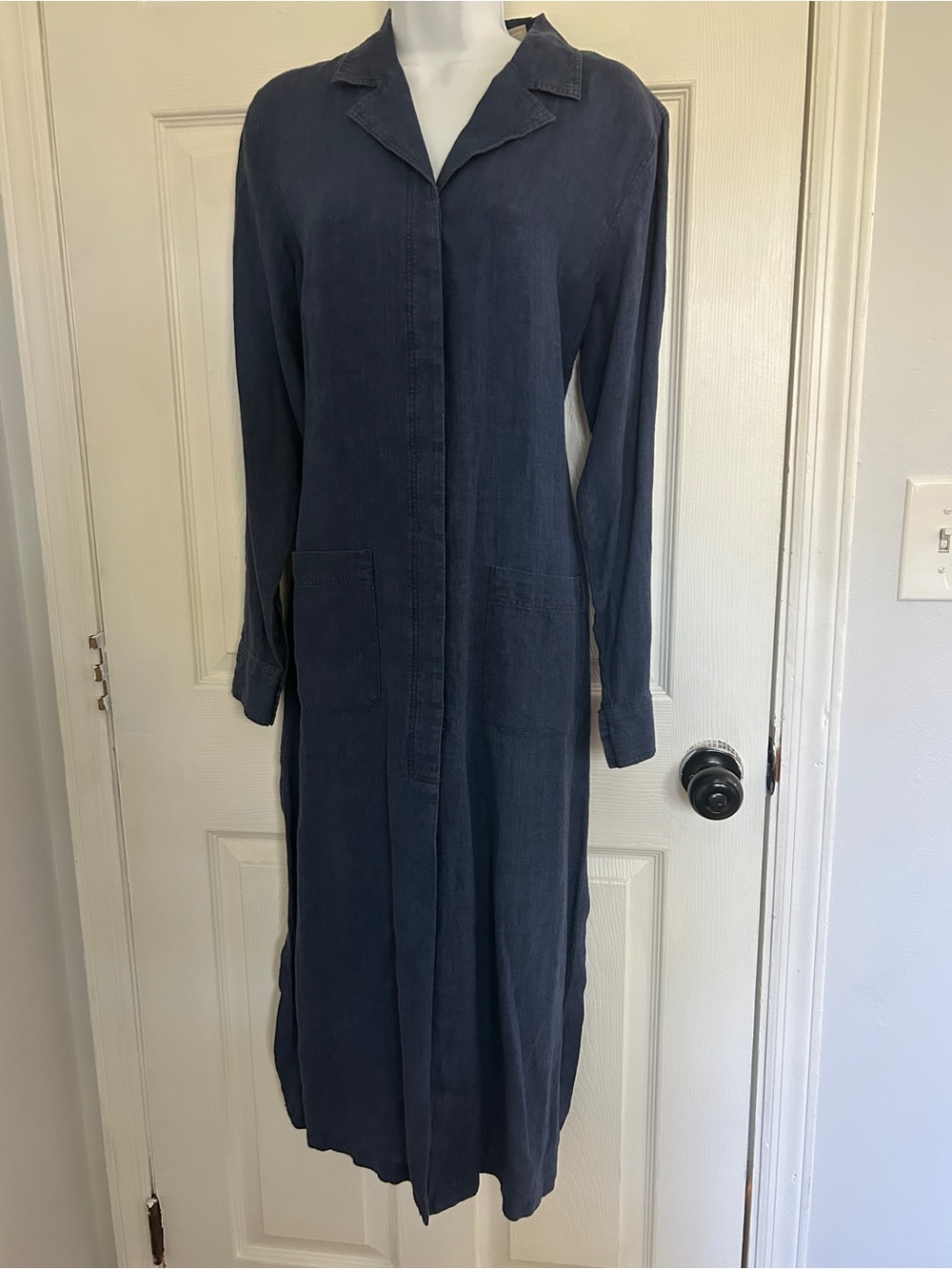 Kate Hill 100% Linen Long Navy Blue Button-Front Women's Dress